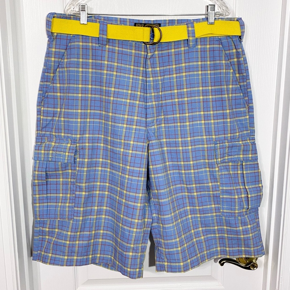 Y2K Galaxy Plaid Cargo Belted Shorts Vintage Blue Yellow Men’s 38